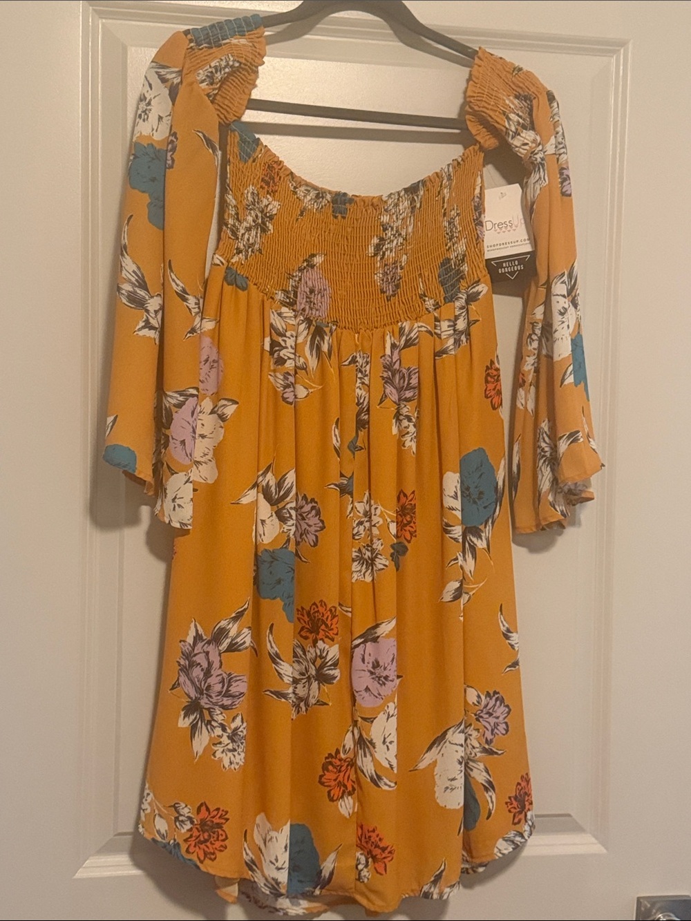 Mustard Floral Off-Shoulder Smocked Dress